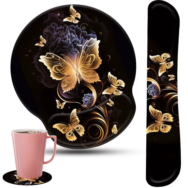 Main image of Keyboard Wrist Rest and Mouse Pad Wrist Support Set with Coffee Coaster, Non-Slip PU Base for Gaming and Office, Comfortable & Lightweight for Easy Typing & Pain Relief,Gold Butterfly