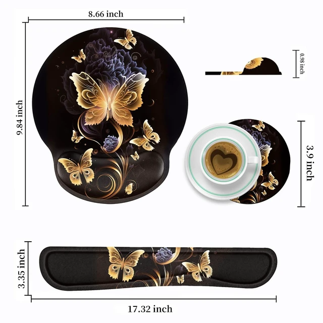 Alt view image 2 of 7 - Keyboard Wrist Rest and Mouse Pad Wrist Support Set with Coffee Coaster, Non-Slip PU Base for Gaming and Office, Comfortable & Lightweight for Easy Typing & Pain Relief,Gold Butterfly
