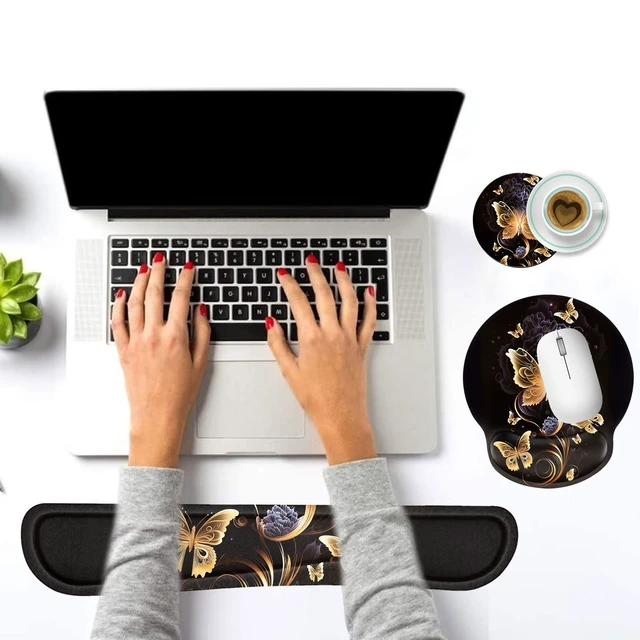 Alt view image 6 of 7 - Keyboard Wrist Rest and Mouse Pad Wrist Support Set with Coffee Coaster, Non-Slip PU Base for Gaming and Office, Comfortable & Lightweight for Easy Typing & Pain Relief,Gold Butterfly