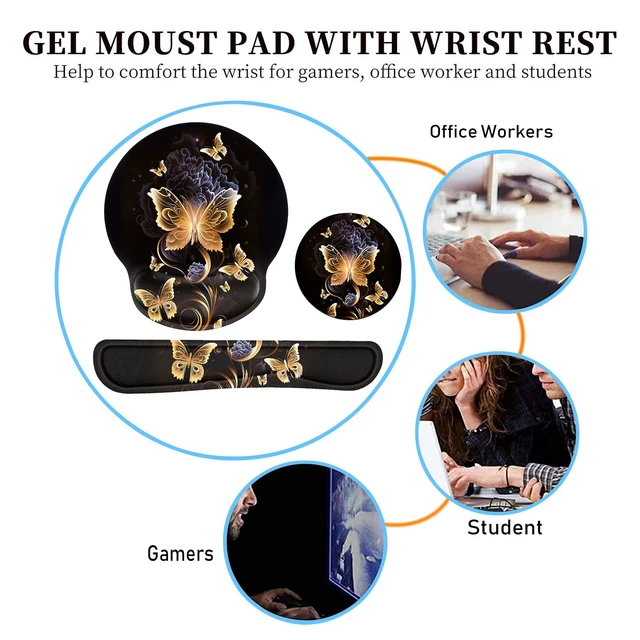 Alt view image 7 of 7 - Keyboard Wrist Rest and Mouse Pad Wrist Support Set with Coffee Coaster, Non-Slip PU Base for Gaming and Office, Comfortable & Lightweight for Easy Typing & Pain Relief,Gold Butterfly