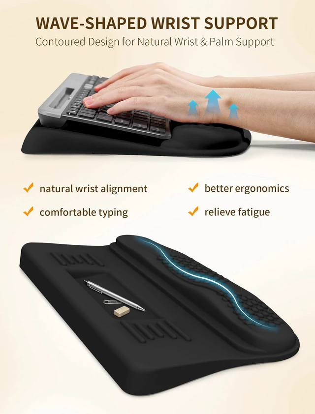 Alt view image 2 of 7 - Wave-Shaped Keyboard Wrist Rest with Storage Compartment, Adjustable 3°/13° | Keyboard Riser, Ergonomic Wrist Support, Angled Keyboard Stand for Office & Desktop Typing, Black