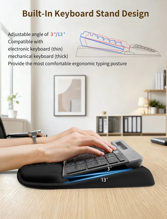 Alt view image 3 of 7 - Wave-Shaped Keyboard Wrist Rest with Storage Compartment, Adjustable 3°/13° | Keyboard Riser, Ergonomic Wrist Support, Angled Keyboard Stand for Office & Desktop Typing, Black