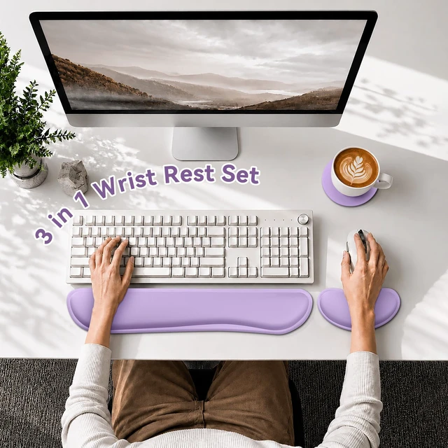 Alt view image 2 of 7 - Retuhapy Keyboard Wrist Rest Set, Gel Memory Foam, 3-Piece, Purple | Silky Wrist Rest for Computer Keyboard and Mouse Pad, Ergonomic Wrist Support for Typing Pain Relief, Office Desk Accessories