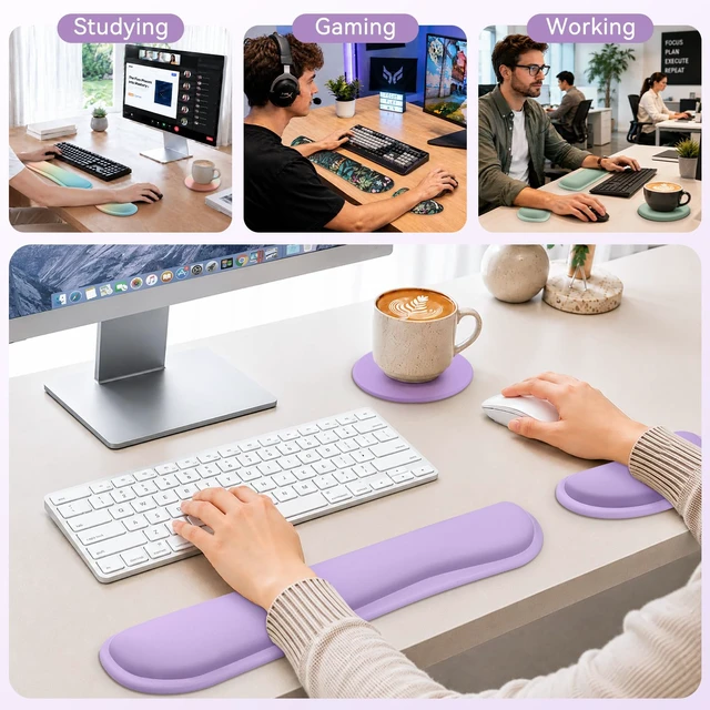 Alt view image 7 of 7 - Retuhapy Keyboard Wrist Rest Set, Gel Memory Foam, 3-Piece, Purple | Silky Wrist Rest for Computer Keyboard and Mouse Pad, Ergonomic Wrist Support for Typing Pain Relief, Office Desk Accessories