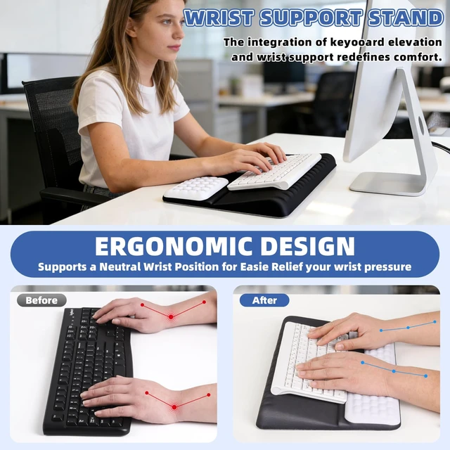 Alt view image 2 of 7 - Keyboard Stand with Wrist RestErgonomic Wrist Pad Memory Foam | Keyboard Riser Holder Tray with Non-Slip Base, Pain Relief for Work Study Game (Black and White)