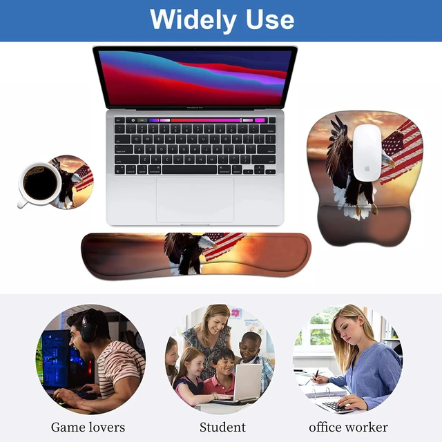 Alt view image 5 of 5 - Ergonomic Mouse Pad Wrist Support and Keyboard Wrist Rest Set with Coasters, Non-Slip PU Base, Easy Typing & Pain Relief, Perfect for Home Office Working Studying, Patriotic American Flag Bald Eagle