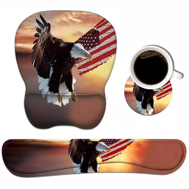 Main image of Ergonomic Mouse Pad Wrist Support and Keyboard Wrist Rest Set with Coasters, Non-Slip PU Base, Easy Typing & Pain Relief, Perfect for Home Office Working Studying, Patriotic American Flag Bald Eagle