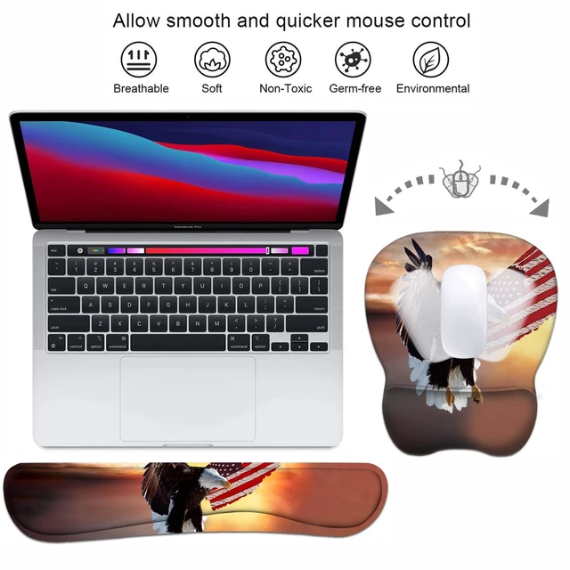 Alt view image 3 of 5 - Ergonomic Mouse Pad Wrist Support and Keyboard Wrist Rest Set with Coasters, Non-Slip PU Base, Easy Typing & Pain Relief, Perfect for Home Office Working Studying, Patriotic American Flag Bald Eagle