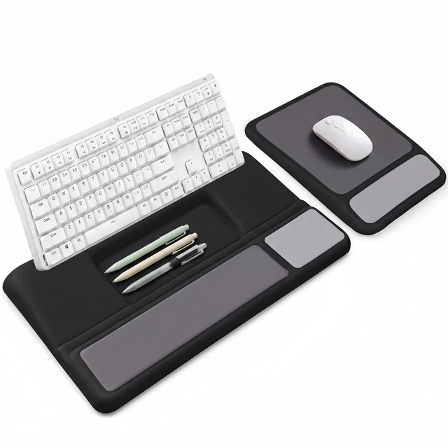 Main image of 3-in-1 Ergonomic Keyboard Stand & Mouse Pad Set with Wrist Rest, Black | Slow-rebound memory foam & breathable Lycra rest relieves wrist strain during work and gaming with non-slip PU base