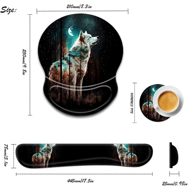 Alt view image 4 of 5 - Bxgolkgd Ergonomic Gel Mouse Wrist Rest Pad and Keyboard Pad Set,Anti-Slip PU Bottom Easy Typing and Relieve Wrist Pain with Cute Coaster Set (3-Forest Wolf)