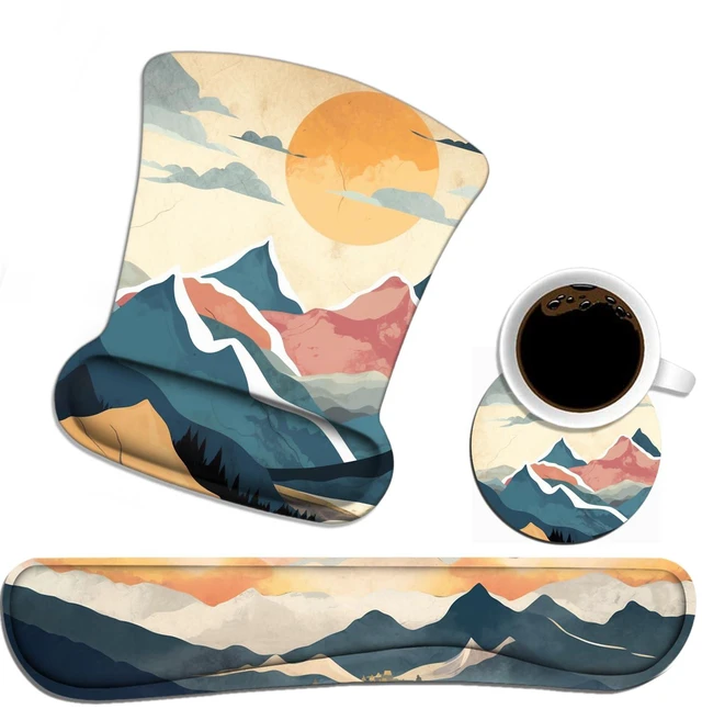 Main image of Keyboard Wrist Rest and Mouse Wrist Rest Pad Set with Coasters, Non-Slip PU Base Ergonomic Gaming Mousepad for Home Office Working Studying Easy Typing & Pain Relief - Mountain Sunrise