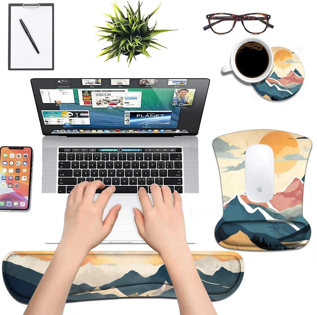Alt view image 4 of 7 - Keyboard Wrist Rest and Mouse Wrist Rest Pad Set with Coasters, Non-Slip PU Base Ergonomic Gaming Mousepad for Home Office Working Studying Easy Typing & Pain Relief - Mountain Sunrise