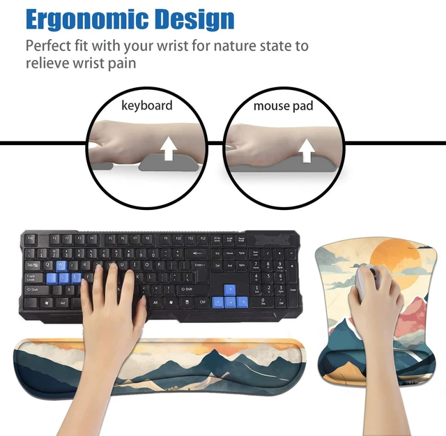 Alt view image 6 of 7 - Keyboard Wrist Rest and Mouse Wrist Rest Pad Set with Coasters, Non-Slip PU Base Ergonomic Gaming Mousepad for Home Office Working Studying Easy Typing & Pain Relief - Mountain Sunrise