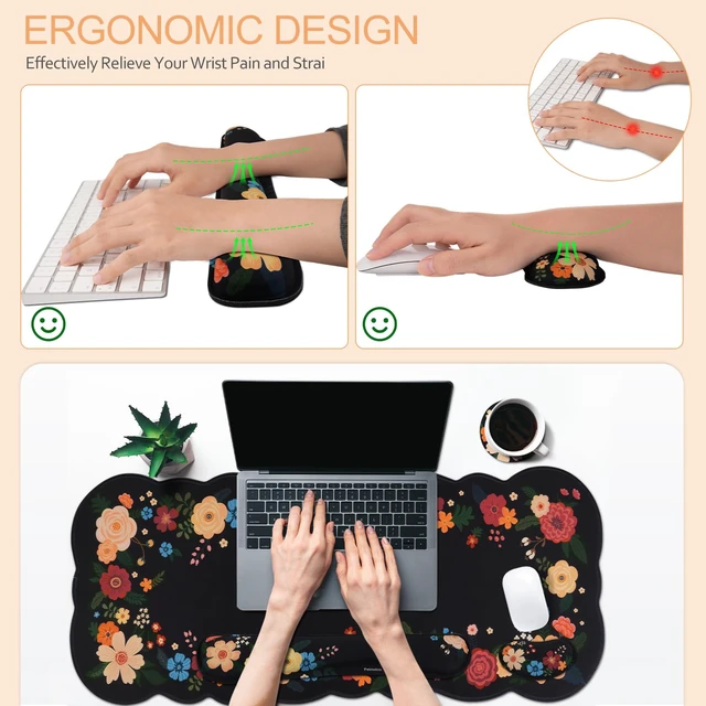 Alt view image 2 of 7 - Petmolico Desk Pad Set with Wrist Rest for Keyboard & Mouse, Black Floral | Anti-slip PU base, durable Lycra & memory foam, relieves wrist fatigue, perfect for work, home & daily use