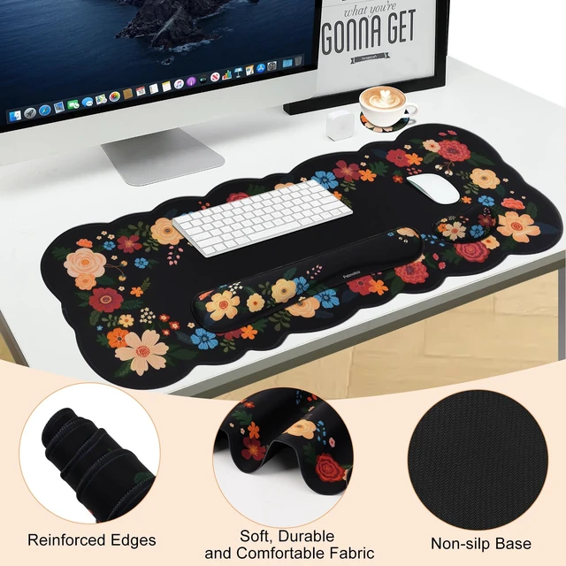 Alt view image 4 of 7 - Petmolico Desk Pad Set with Wrist Rest for Keyboard & Mouse, Black Floral | Anti-slip PU base, durable Lycra & memory foam, relieves wrist fatigue, perfect for work, home & daily use