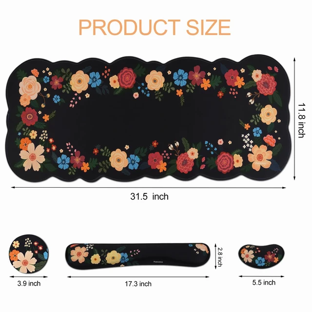 Alt view image 3 of 7 - Petmolico Desk Pad Set with Wrist Rest for Keyboard & Mouse, Black Floral | Anti-slip PU base, durable Lycra & memory foam, relieves wrist fatigue, perfect for work, home & daily use