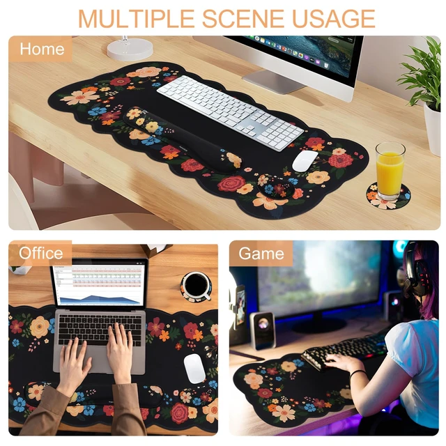 Alt view image 5 of 7 - Petmolico Desk Pad Set with Wrist Rest for Keyboard & Mouse, Black Floral | Anti-slip PU base, durable Lycra & memory foam, relieves wrist fatigue, perfect for work, home & daily use