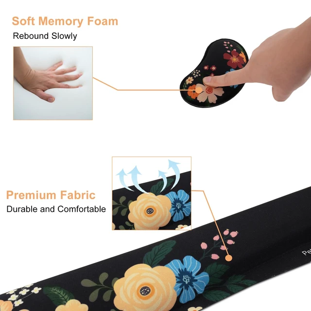 Alt view image 6 of 7 - Petmolico Desk Pad Set with Wrist Rest for Keyboard & Mouse, Black Floral | Anti-slip PU base, durable Lycra & memory foam, relieves wrist fatigue, perfect for work, home & daily use