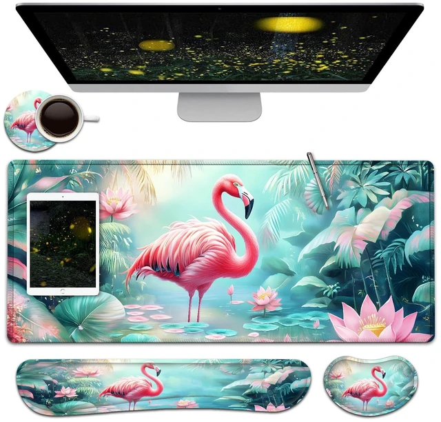 Main image of Large Mouse Pad + Keyboard Wrist Rest Set, Extended Gaming Mousepad (31.5X11.8 inch) with Non-Slip Rubber, Ergonomics Memory Foam Mouse Wrist Rest Support, Flamingo in The Lotus Pond XXL Desk Pad