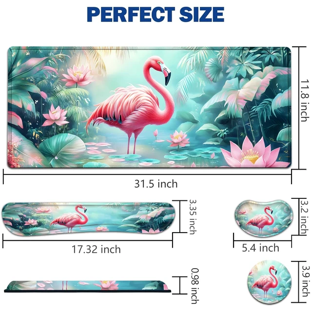 Alt view image 2 of 7 - Large Mouse Pad + Keyboard Wrist Rest Set, Extended Gaming Mousepad (31.5X11.8 inch) with Non-Slip Rubber, Ergonomics Memory Foam Mouse Wrist Rest Support, Flamingo in The Lotus Pond XXL Desk Pad