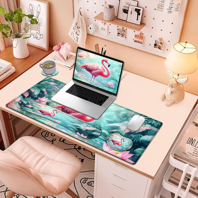 Alt view image 7 of 7 - Large Mouse Pad + Keyboard Wrist Rest Set, Extended Gaming Mousepad (31.5X11.8 inch) with Non-Slip Rubber, Ergonomics Memory Foam Mouse Wrist Rest Support, Flamingo in The Lotus Pond XXL Desk Pad