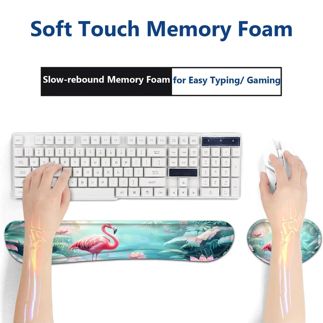 Alt view image 6 of 7 - Large Mouse Pad + Keyboard Wrist Rest Set, Extended Gaming Mousepad (31.5X11.8 inch) with Non-Slip Rubber, Ergonomics Memory Foam Mouse Wrist Rest Support, Flamingo in The Lotus Pond XXL Desk Pad