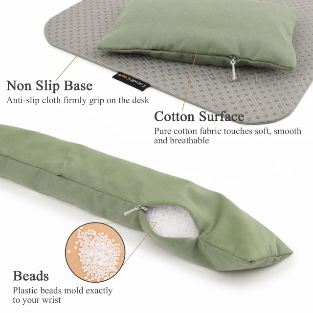 Alt view image 2 of 7 - Large Mouse Pad Wrist Support Set, Bean Bag Mouse and Keyboard Wrist Rest Filled Ergo Beads, Easy Typing Gaming Home Office (Light Army Green)