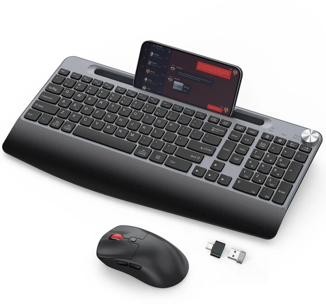 Main image of GAMCATZ Ergonomic Wireless Keyboard and Mouse with Wrist RestPhone Holder - 2.4GHz Full-Sized Low-Profile Quiet Wireless Mouse and Keyboard Combo for Computer, Laptop, PC, Mac-Black