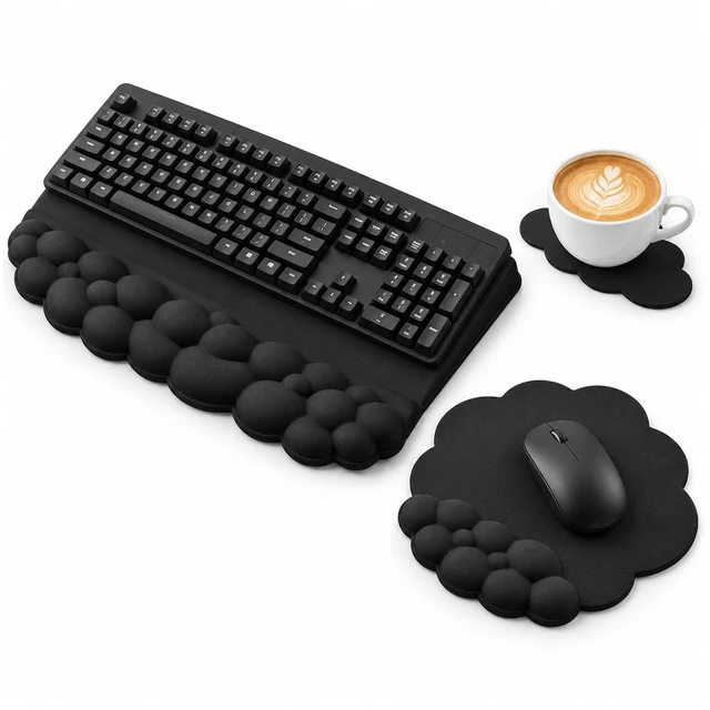 Main image of Ergonomic Wrist Rest for Keyboard and Mouse, Cute Memory Foam Wrist Support & 2-in-1 Adjustable Keyboard Stand, Silky Lycra Surface, Easy Typing, Pain Relief, Comfort for Office, Work, Gaming (Black)
