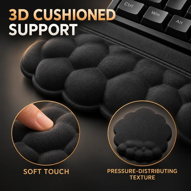 Alt view image 3 of 7 - Ergonomic Wrist Rest for Keyboard and Mouse, Cute Memory Foam Wrist Support & 2-in-1 Adjustable Keyboard Stand, Silky Lycra Surface, Easy Typing, Pain Relief, Comfort for Office, Work, Gaming (Black)