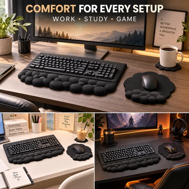 Alt view image 6 of 7 - Ergonomic Wrist Rest for Keyboard and Mouse, Cute Memory Foam Wrist Support & 2-in-1 Adjustable Keyboard Stand, Silky Lycra Surface, Easy Typing, Pain Relief, Comfort for Office, Work, Gaming (Black)