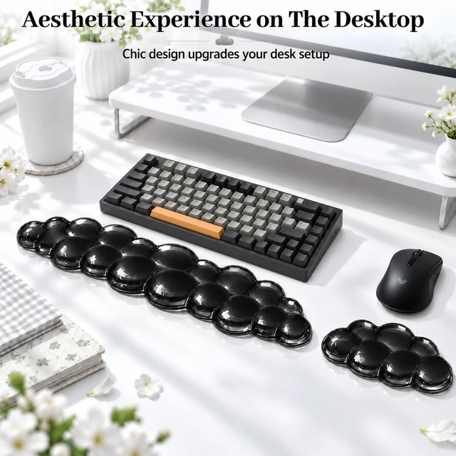 Alt view image 2 of 7 - Luvzuni Cloud Wrist Rest for Keyboard and Mouse, Black | Clear Gel, Typing Pain Relief, Cute Aesthetic Desk Decor Accessory, For Home Office Dorm