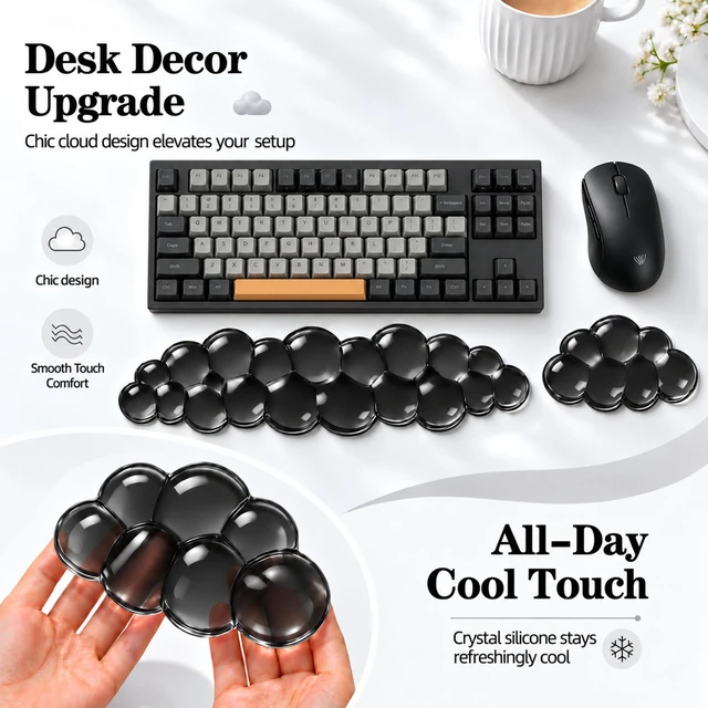 Alt view image 3 of 7 - Luvzuni Cloud Wrist Rest for Keyboard and Mouse, Black | Clear Gel, Typing Pain Relief, Cute Aesthetic Desk Decor Accessory, For Home Office Dorm