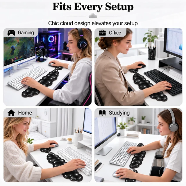 Alt view image 6 of 7 - Luvzuni Cloud Wrist Rest for Keyboard and Mouse, Black | Clear Gel, Typing Pain Relief, Cute Aesthetic Desk Decor Accessory, For Home Office Dorm
