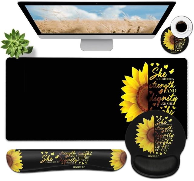 Main image of Large Mouse Pad, Ergonomic Mouse Pad with Wrist Rest and Keyboard Wrist Rest 4 in 1 Set, 31.5 x11.8 inch Extended Desk Pad for Home Office, Sunflower Christian Proverbs 31:25 Black Gaming Mouse Mat