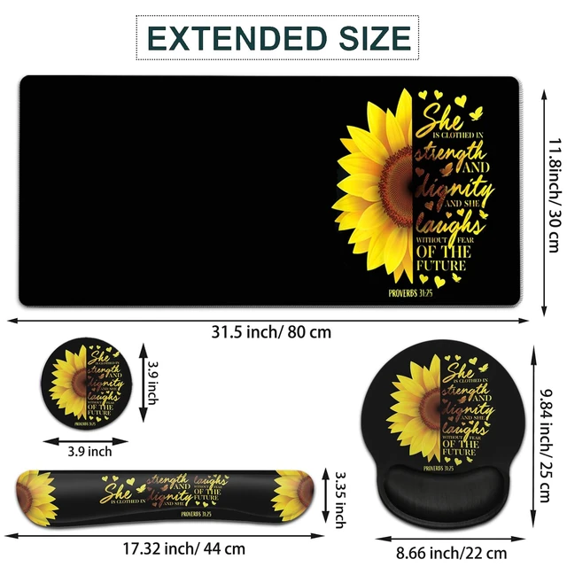 Alt view image 2 of 7 - Large Mouse Pad, Ergonomic Mouse Pad with Wrist Rest and Keyboard Wrist Rest 4 in 1 Set, 31.5 x11.8 inch Extended Desk Pad for Home Office, Sunflower Christian Proverbs 31:25 Black Gaming Mouse Mat