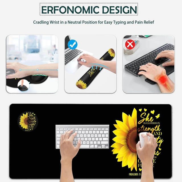 Alt view image 3 of 7 - Large Mouse Pad, Ergonomic Mouse Pad with Wrist Rest and Keyboard Wrist Rest 4 in 1 Set, 31.5 x11.8 inch Extended Desk Pad for Home Office, Sunflower Christian Proverbs 31:25 Black Gaming Mouse Mat
