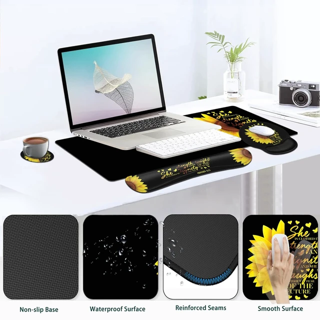 Alt view image 6 of 7 - Large Mouse Pad, Ergonomic Mouse Pad with Wrist Rest and Keyboard Wrist Rest 4 in 1 Set, 31.5 x11.8 inch Extended Desk Pad for Home Office, Sunflower Christian Proverbs 31:25 Black Gaming Mouse Mat