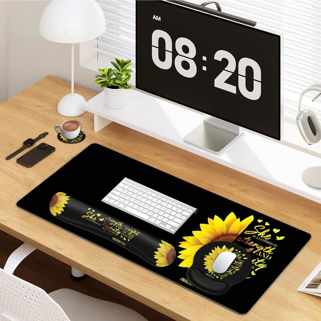 Alt view image 7 of 7 - Large Mouse Pad, Ergonomic Mouse Pad with Wrist Rest and Keyboard Wrist Rest 4 in 1 Set, 31.5 x11.8 inch Extended Desk Pad for Home Office, Sunflower Christian Proverbs 31:25 Black Gaming Mouse Mat