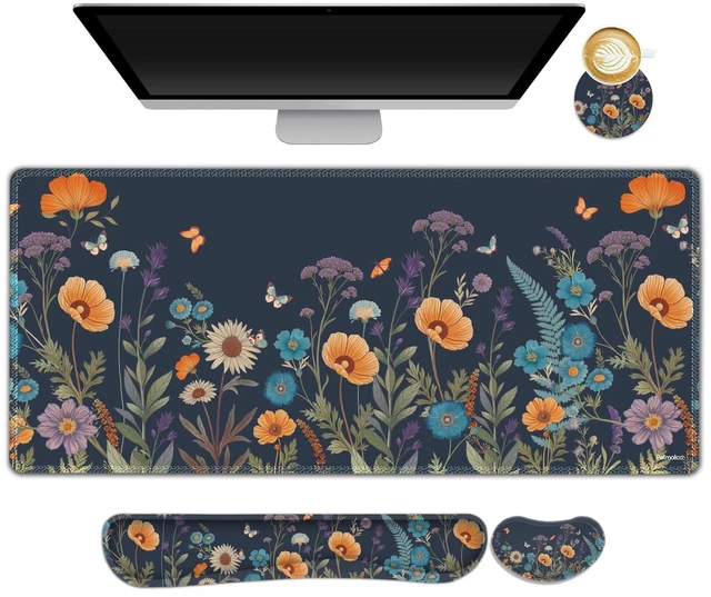 Main image of DINKY Desk Mat Keyboard Mouse Pad Set, Large Gaming Mouse Pad +Keyboard Wrist Rest +Mousepad with Wrist Rest +Coaster, Ergonomic Non-Slip 4 in 1 Combo, Flowers Plants Butterflies