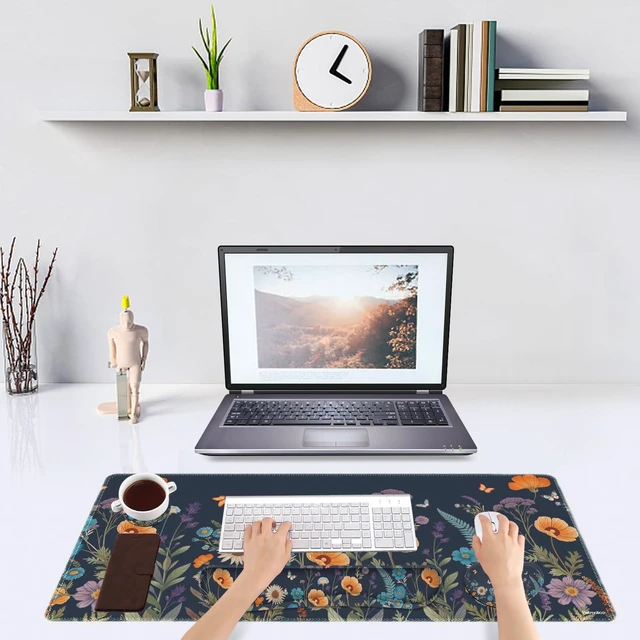 Alt view image 2 of 7 - DINKY Desk Mat Keyboard Mouse Pad Set, Large Gaming Mouse Pad +Keyboard Wrist Rest +Mousepad with Wrist Rest +Coaster, Ergonomic Non-Slip 4 in 1 Combo, Flowers Plants Butterflies