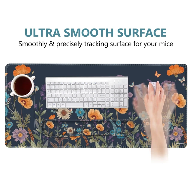 Alt view image 3 of 7 - DINKY Desk Mat Keyboard Mouse Pad Set, Large Gaming Mouse Pad +Keyboard Wrist Rest +Mousepad with Wrist Rest +Coaster, Ergonomic Non-Slip 4 in 1 Combo, Flowers Plants Butterflies