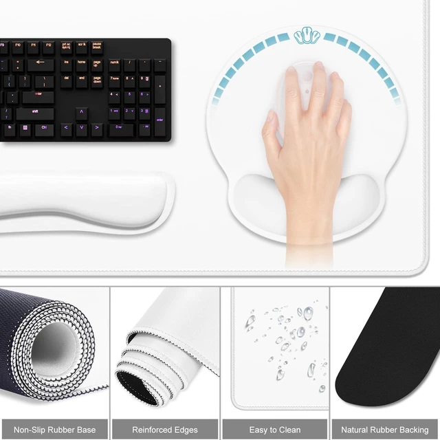 Alt view image 3 of 7 - Dapesuom Large Gaming Mouse Pad, White Mouse Pads with Wrist Rest Wrist Support, 4in1 Big XXL Desk Mat Desk Pad + Ergonomic Mousepad + Memory Foam Keyboard Mat Wrist Rest + Coaster Set for Computer