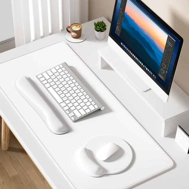 Alt view image 7 of 7 - Dapesuom Large Gaming Mouse Pad, White Mouse Pads with Wrist Rest Wrist Support, 4in1 Big XXL Desk Mat Desk Pad + Ergonomic Mousepad + Memory Foam Keyboard Mat Wrist Rest + Coaster Set for Computer