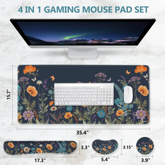 Alt view image 6 of 7 - DINKY Desk Mat Keyboard Mouse Pad Set, Large Gaming Mouse Pad +Keyboard Wrist Rest +Mousepad with Wrist Rest +Coaster, Ergonomic Non-Slip 4 in 1 Combo, Flowers Plants Butterflies