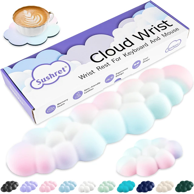 Main image of Sushret Cloud Wrist Rest Keyboard, Cloud Keyboard Wrist Pad Set with PU Leather Memory Foam, Cute Arm Rest for Palm Support, PC/Gaming Desk Accessories/Office Setup/Computer Hand Cushion - Rainbow