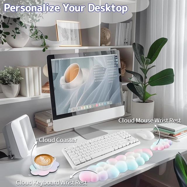 Alt view image 2 of 7 - Sushret Cloud Wrist Rest Keyboard, Cloud Keyboard Wrist Pad Set with PU Leather Memory Foam, Cute Arm Rest for Palm Support, PC/Gaming Desk Accessories/Office Setup/Computer Hand Cushion - Rainbow