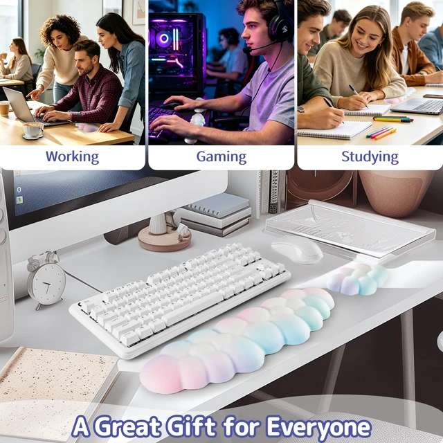 Alt view image 6 of 7 - Sushret Cloud Wrist Rest Keyboard, Cloud Keyboard Wrist Pad Set with PU Leather Memory Foam, Cute Arm Rest for Palm Support, PC/Gaming Desk Accessories/Office Setup/Computer Hand Cushion - Rainbow