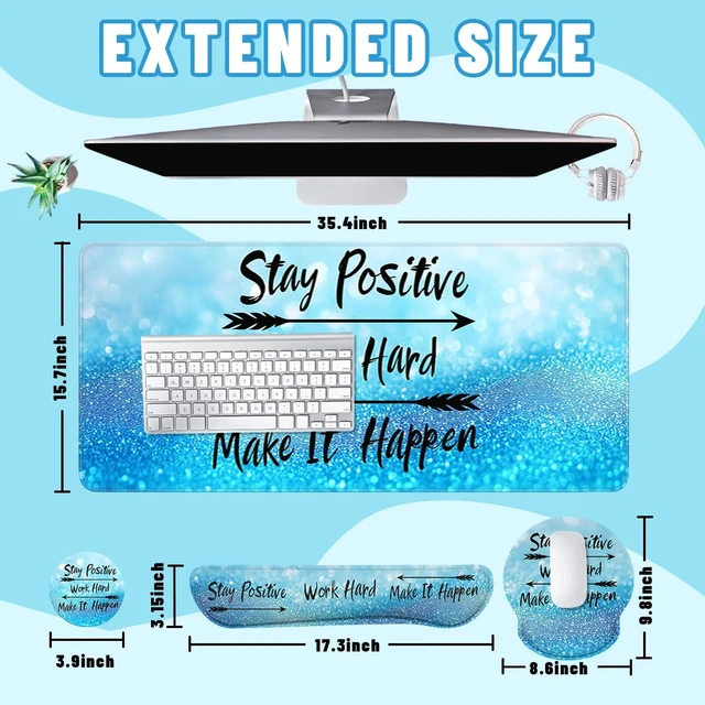 Alt view image 2 of 7 - Motivational Quote Mouse Pad Set Stay Positive Work Hard Blue Gaming Mousepad 4in1 Desk Mat for Desktop Anti-Slip XXL Big Computer Ergonomic Mousepad with Wrist Support for Keyboard and Mouse