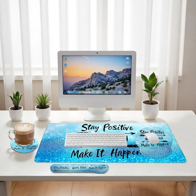 Alt view image 6 of 7 - Motivational Quote Mouse Pad Set Stay Positive Work Hard Blue Gaming Mousepad 4in1 Desk Mat for Desktop Anti-Slip XXL Big Computer Ergonomic Mousepad with Wrist Support for Keyboard and Mouse